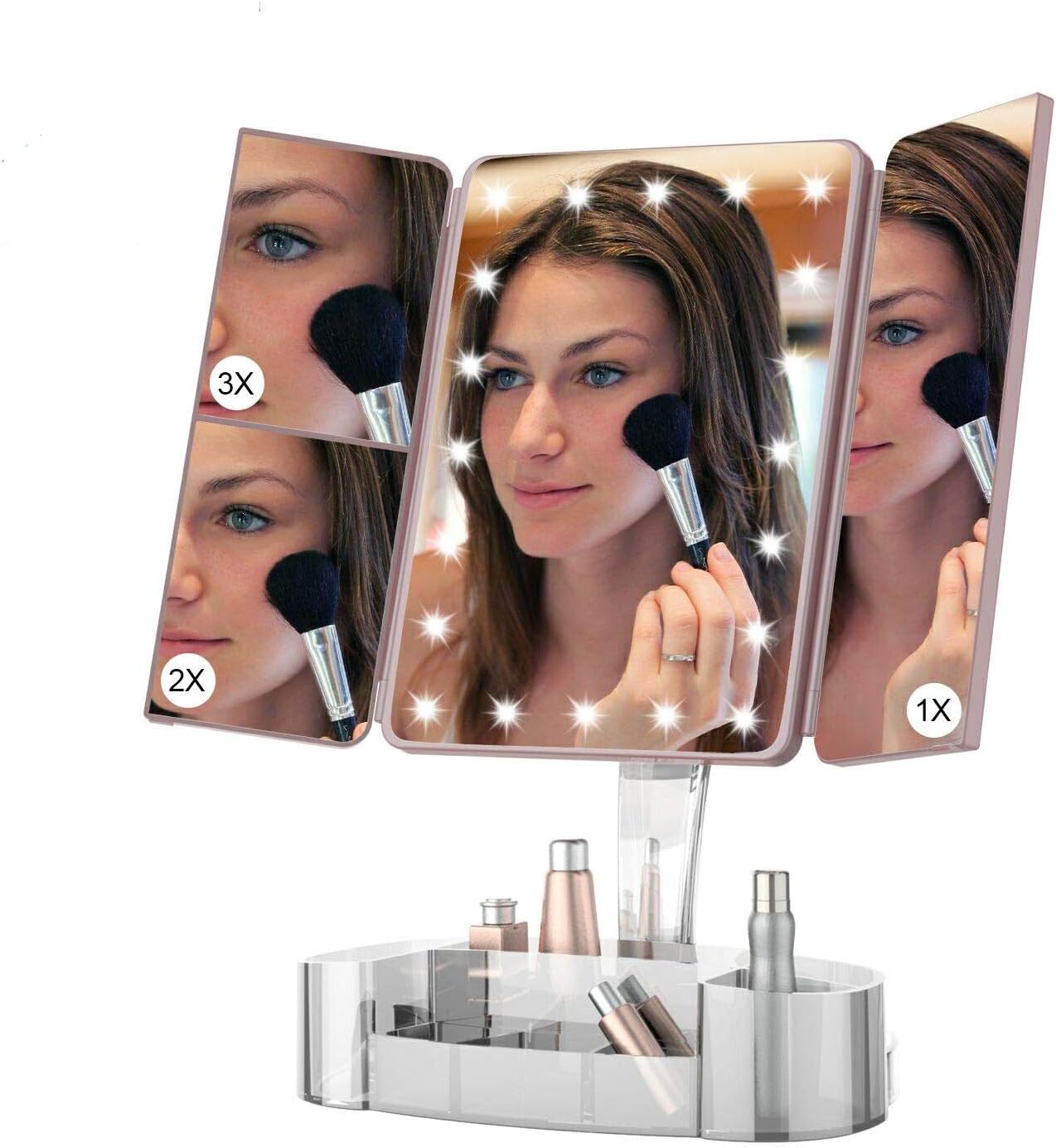 Hansong Makeup Mirror with Lights and Bluetooth - Tri-Fold Vanity Mirror with Magnification (2x/3x/10x), Lighted Mirror with Makeup Organizer Tray,Touch Screen Dimming,Rechargeable