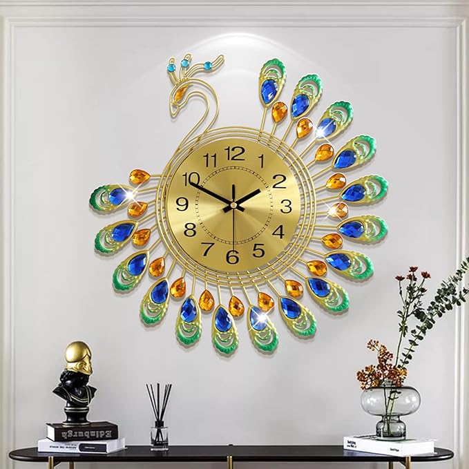 FLEBLE Large Wall Clocks for Living Room Decor Gold Decoration Wall Clock Silent Battery Operated Non Ticking for Bedroom Kitchen 14 Inch Retro Peacock Crystal Wall Watch Quartz for Home Office Indoor