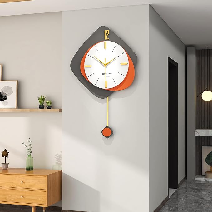 FLEBLE Large Wall Clocks for Living Room Decor Big Modern Decortive Wall Clock with Pendulum Battery Operated for Home Bedroom Office Kitchen 20 inch Unique Wood Hanging Clock Silent Non-Ticking