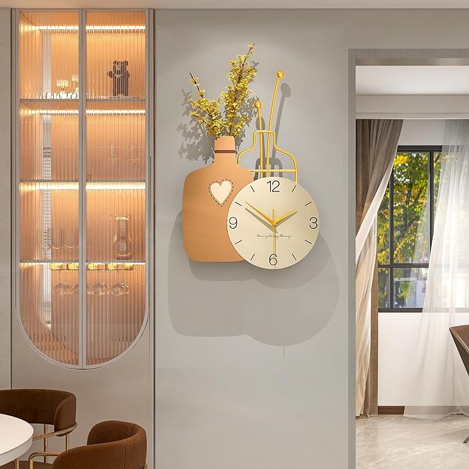 FLEBLE Large Wall Clocks for Living Room Decor Modern Wall Clock Battery Operated Silent Non-Ticking for Bedroom Office Kitchen Home Decorative Metal Vase Gold Clock with Artificial Flower