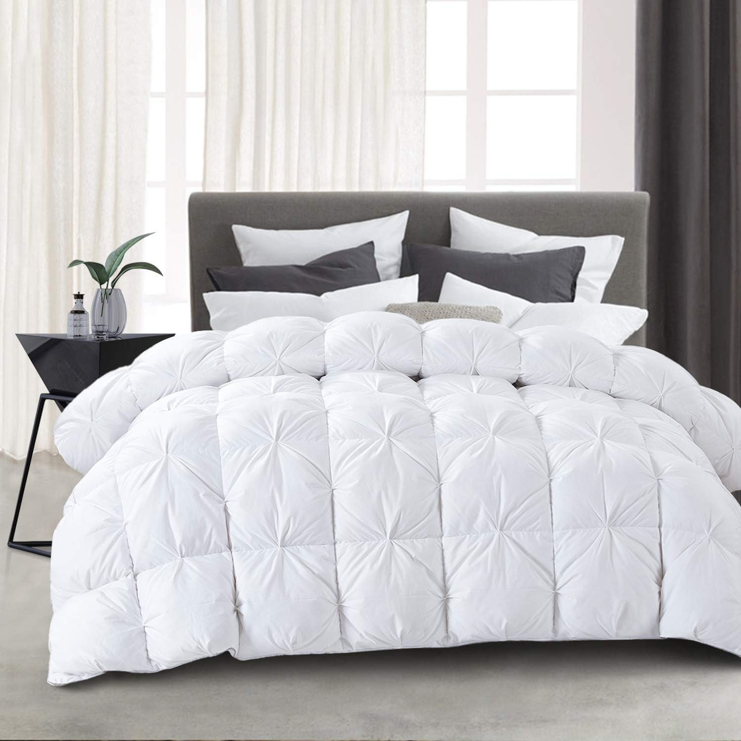 HOMBYS 132x120 Alaska King Feather and Down Comforter, Pinch Pleat Oversized King Duvet Insert with 100% Cotton Cover, White Fluffy Thick Comforter with Corner Tabs for All Season Warmth