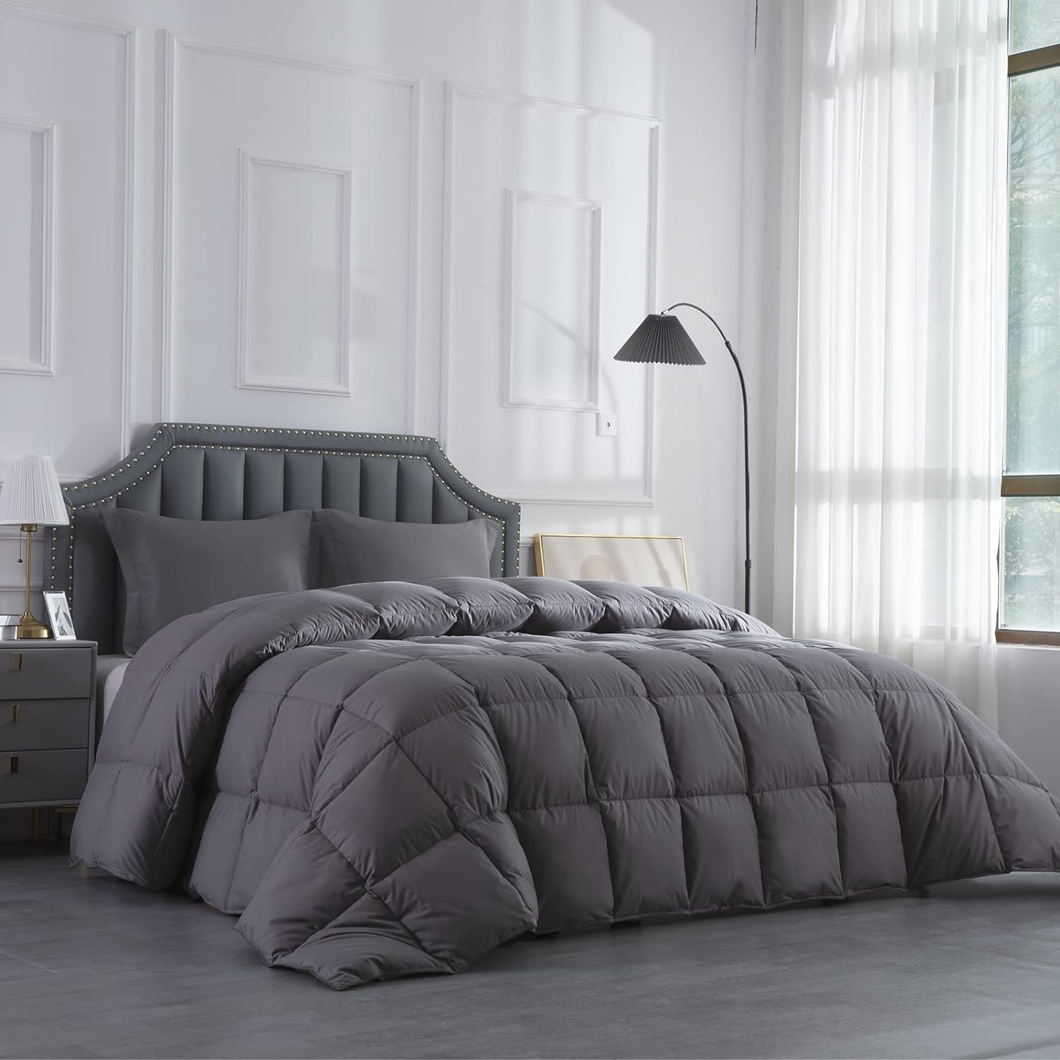 HOMBYS Feather and Down Comforter, Oversized King Comforter 120 x 120, Grey Extra Large Duvet Insert for All Season, 100% Cotton Cover Down Proof with Corner Tabs