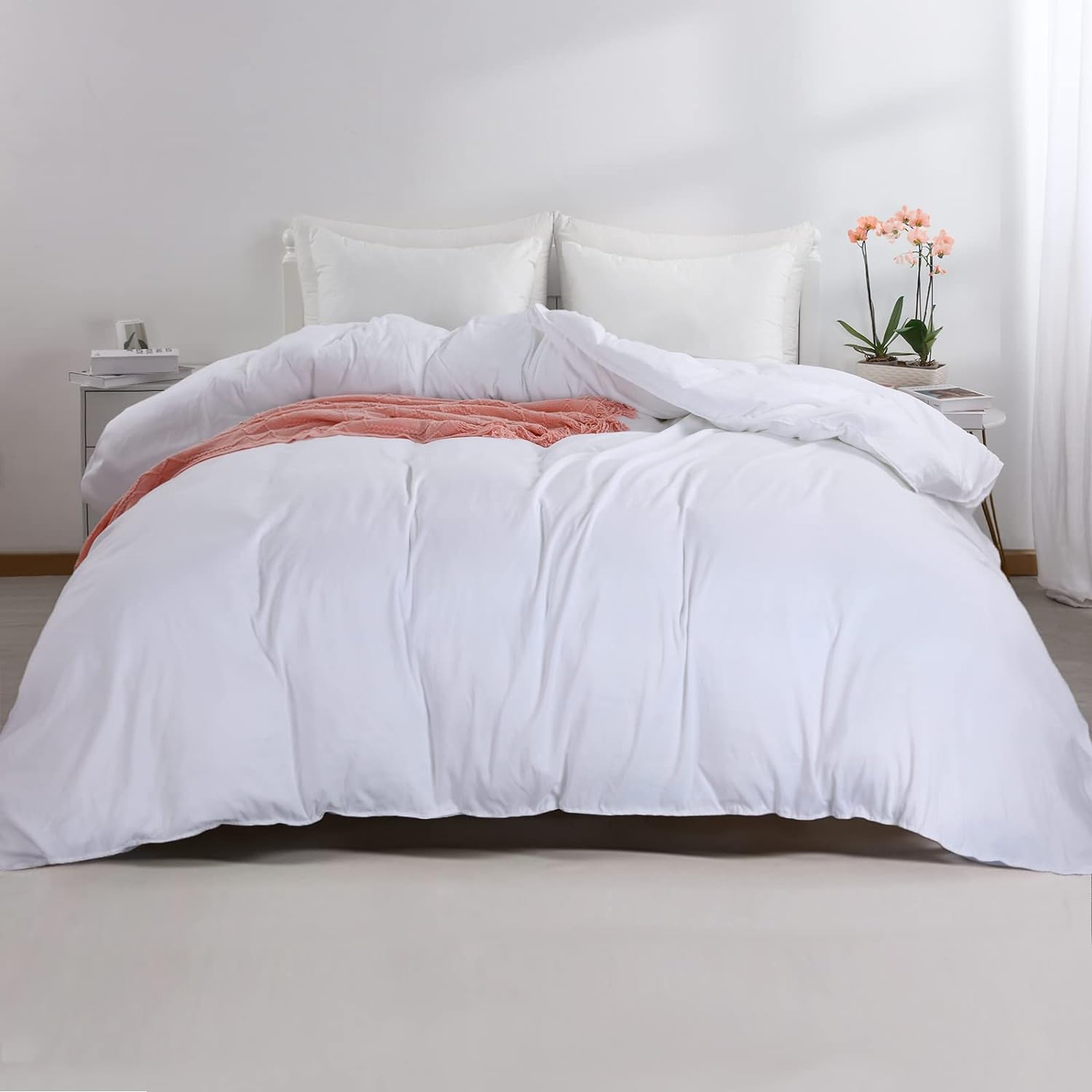 HOMBYS 120 x128 Inch, Ultra Soft Microfiber White Duvet Cover for All Season with Ziper Closure, 8 Coner Tabs (White, Oversized King Plus)