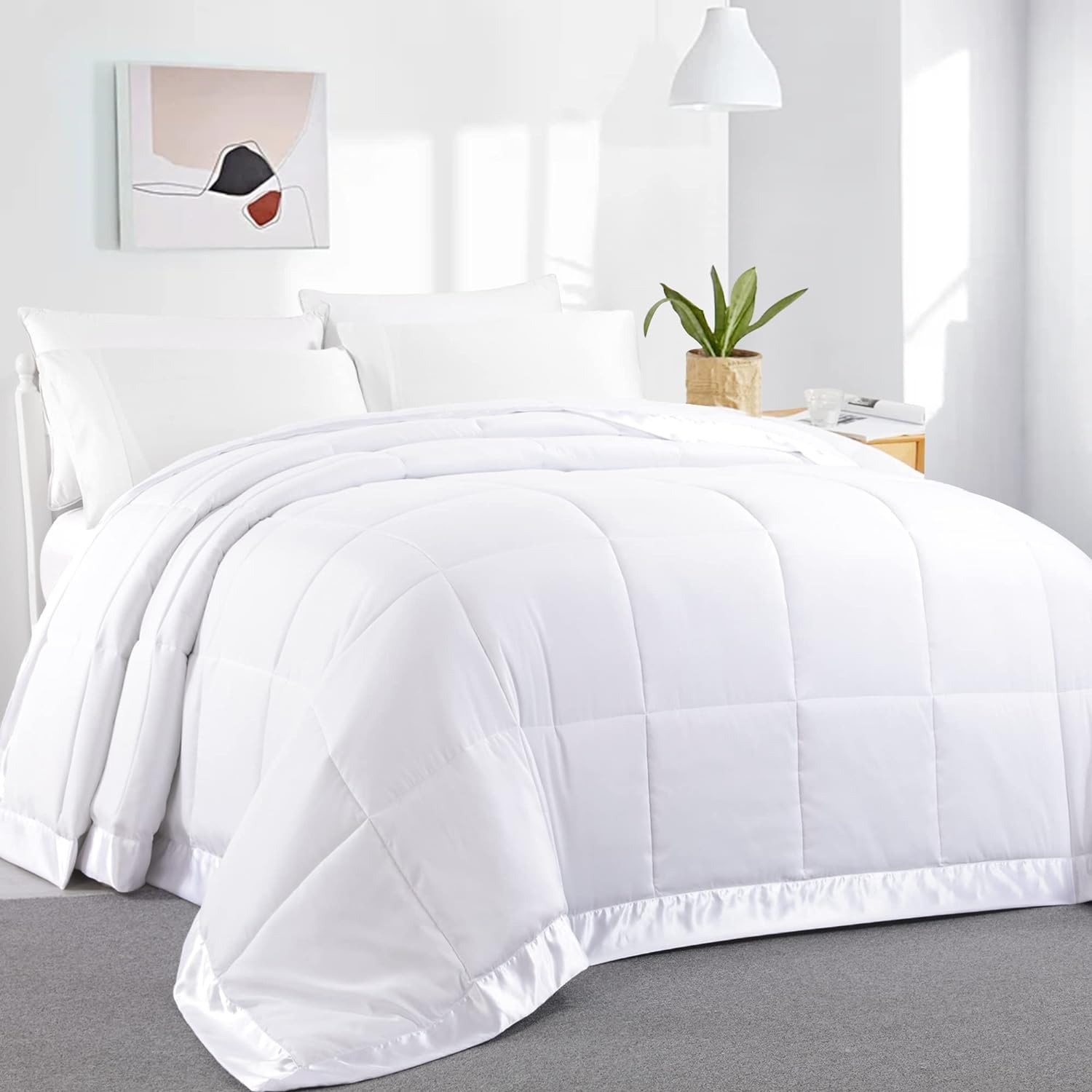 HOMBYS Down Alternative Blanket Oversized King 120x120 for All Season, Lightweight Quilted White Bed Blanket with Satin Trim,Reversible Soft Microfiber Quilted Blanket