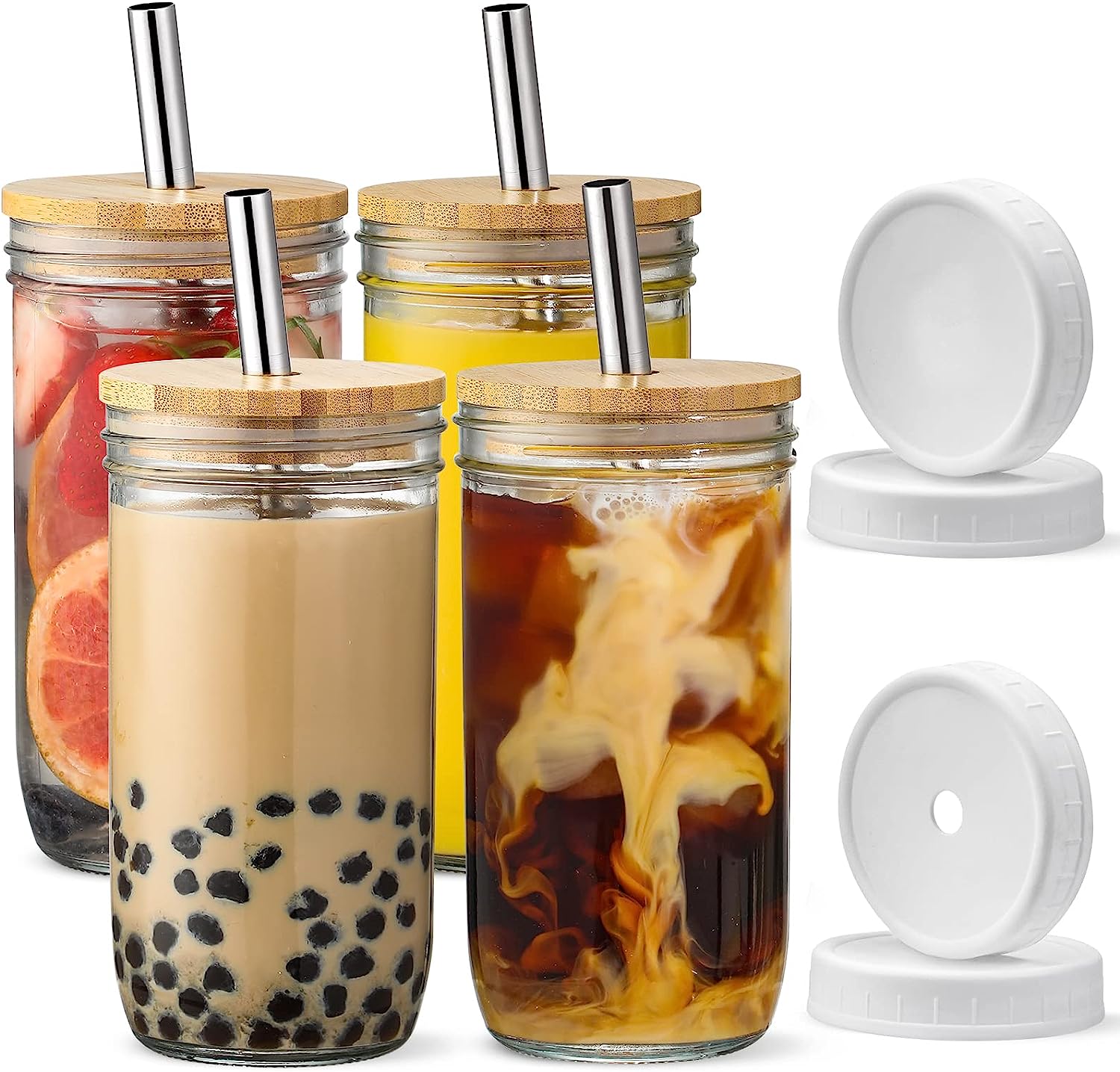 [ 4 Pack ] Glass Cups Set - 24oz Mason Jar Drinking Glasses w Bamboo Lids & Straws 2 Airtight Cute Reusable Boba Bottle, Iced Coffee Glasses, Travel Tumbler for Bubble Tea, smoothie, Juice