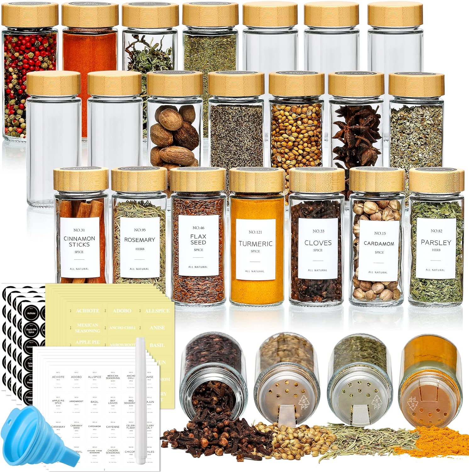FINESSY Glass Spice Jars with Labels Bamboo, 36 pcs Glass Seasoning  Containers, Spice Containers Set with Shaker Lids Seasoning Jars, 4 oz  Empty Spice