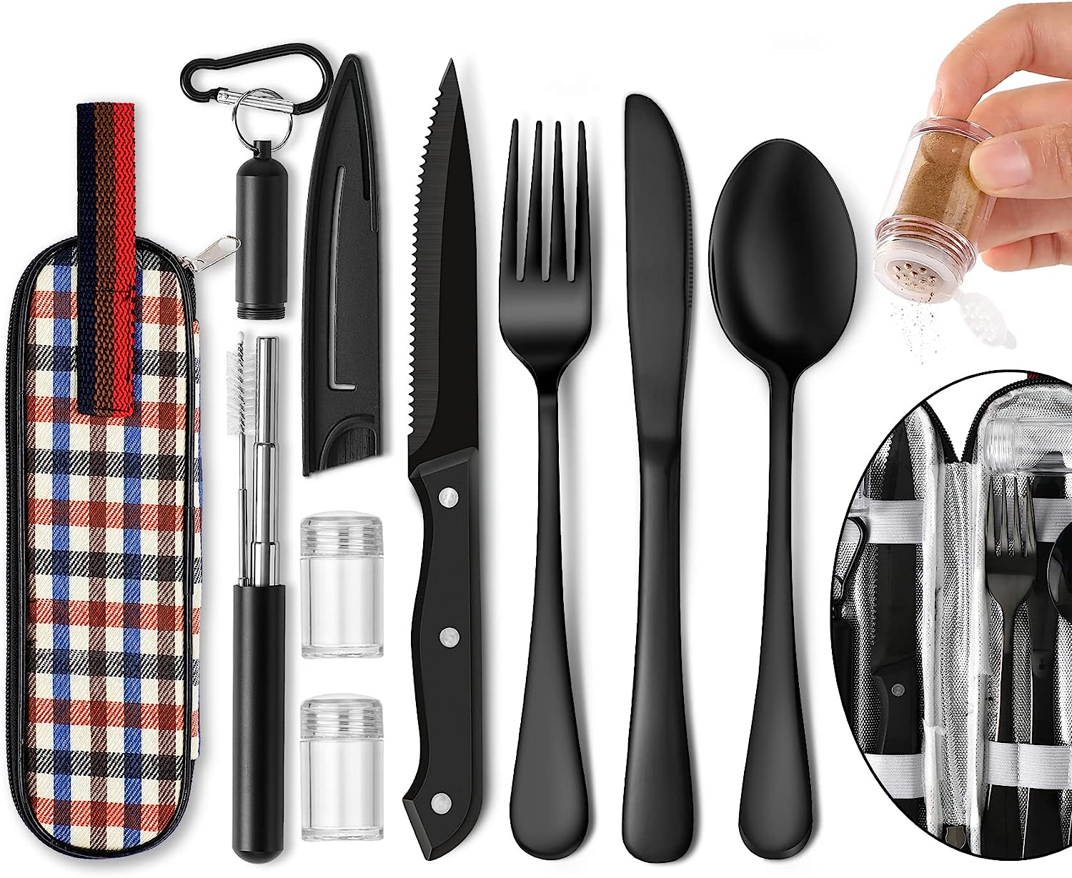 Portable Travel Utensils Set, Travel Camping Cutlery Set, Reusable Stainless Steel Flatware Set with Case for Office School Picnic (Black)