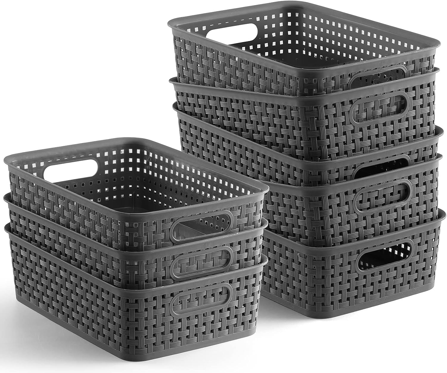 NETANY Plastic Storage Baskets - 8 Pack, Gray, Durable, Easy to Use, Flexible, Multi-Purpose, Ideal for Closets, Cabinets, Shelves, Countertops