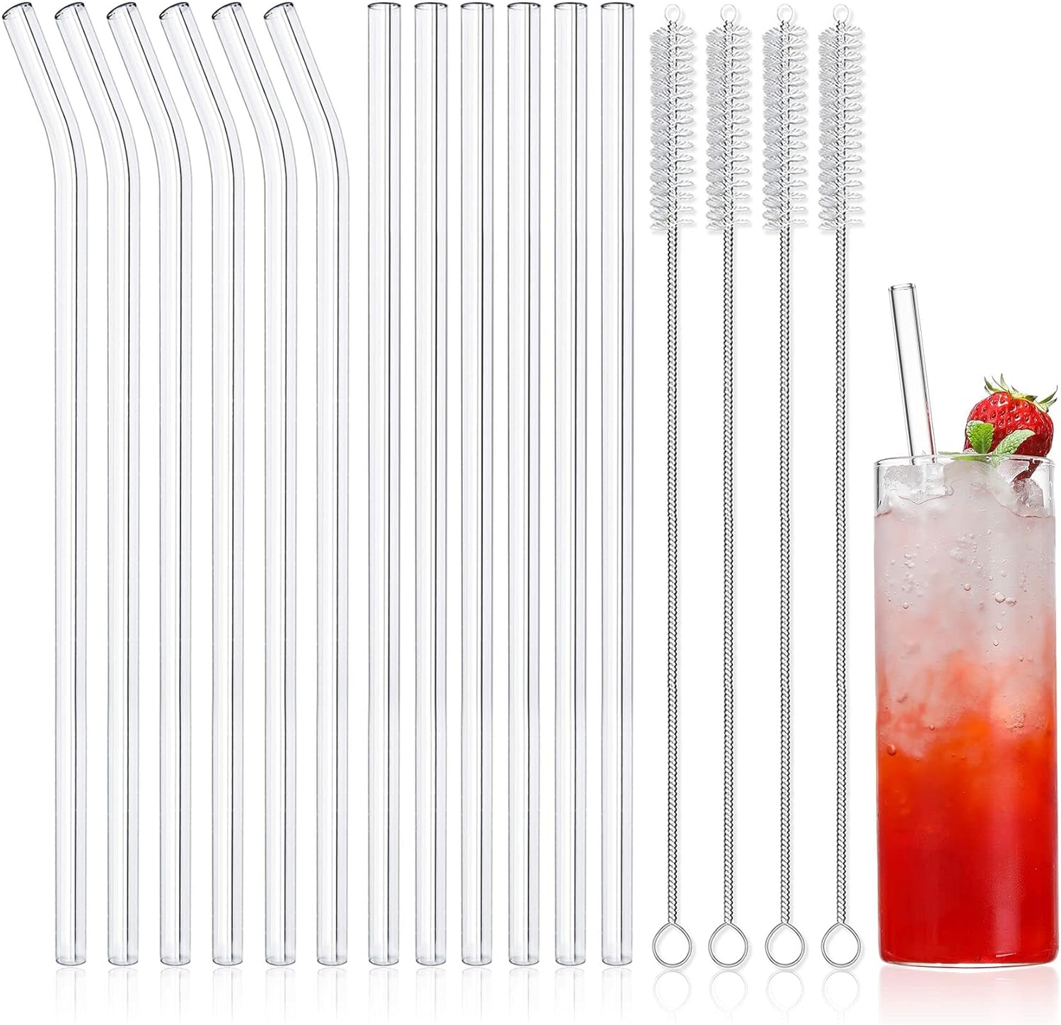 NETANY 16-Pack Reusable Glass Straws, Clear Glass Drinking Straw, 10'x10 MM, Set of 6 Straight and 6 Bent with 4 Cleaning Brushes - Perfect for Smoothies, Milkshakes, Tea, Juice - Dishwasher Safe