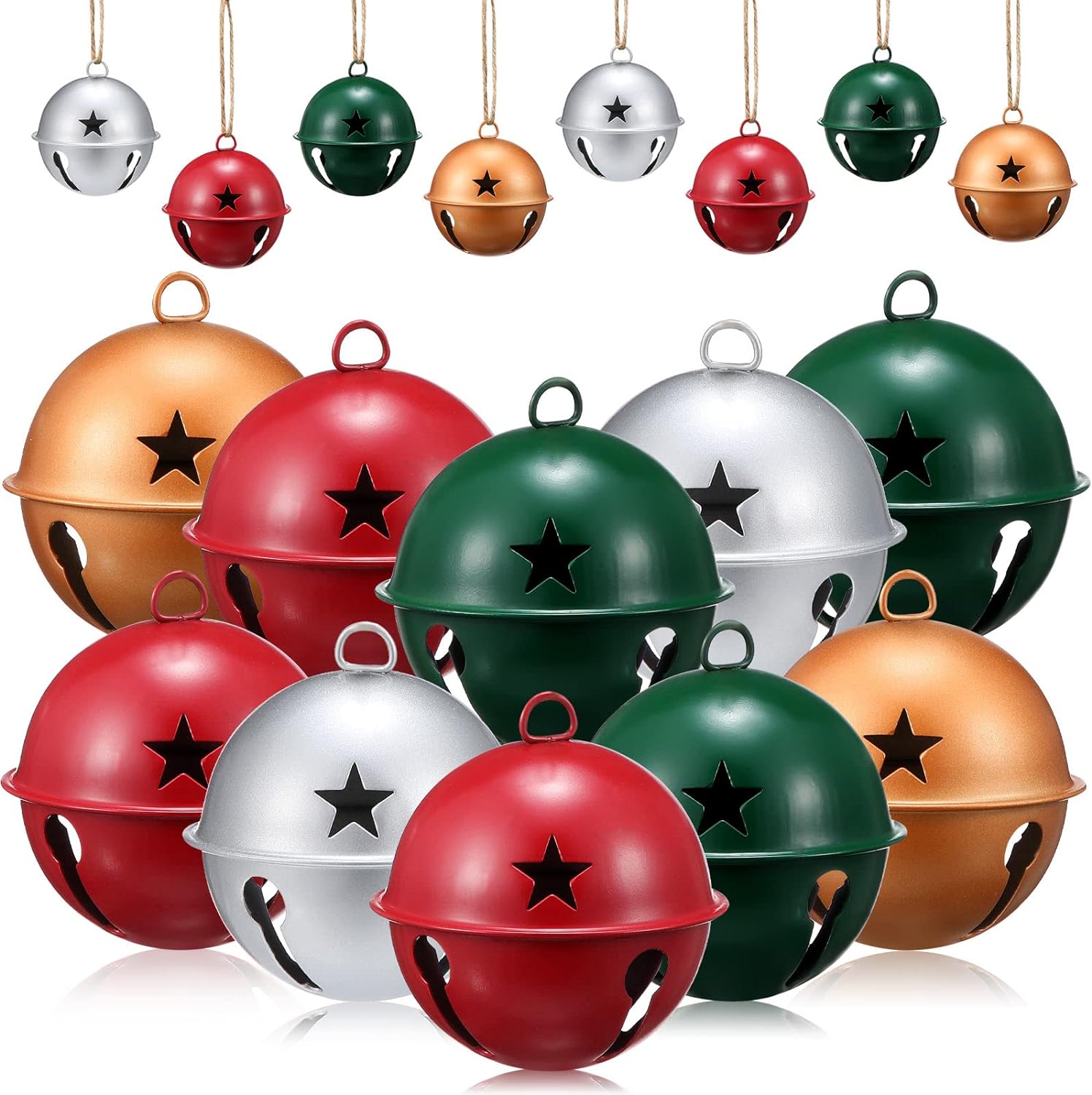 Zubebe 2.5 Inch Christmas Bells Large Big Size, Christmas Star Cutout Colorful Sleigh Bell Ornament Metal Craft Bells for Gift Wrapping Christmas Tree Decor