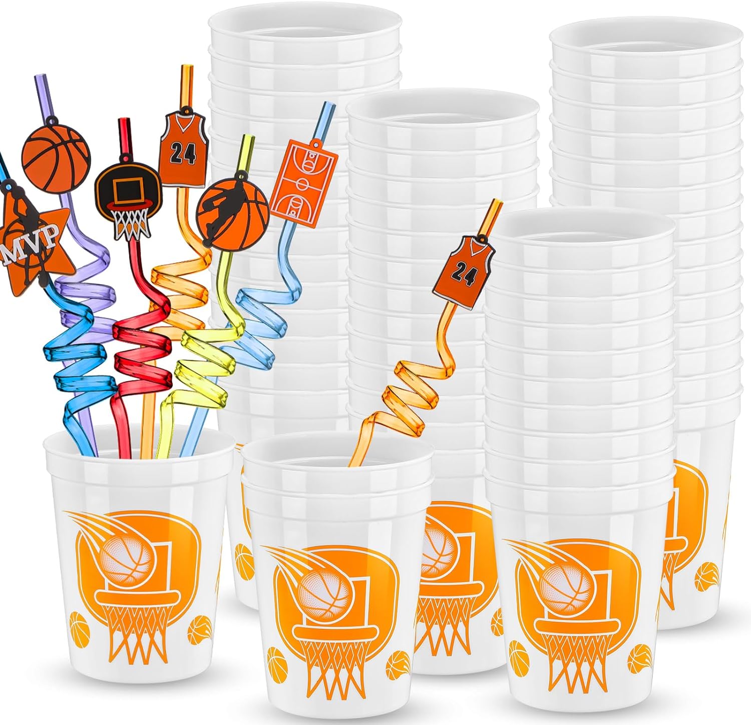 Zubebe 48 Pcs Basketball Party Favors Include 24 Basketball Cups with Plastic Straw Reusable Drinking Straws Basketball Party Cups for Basketball Themed Birthday