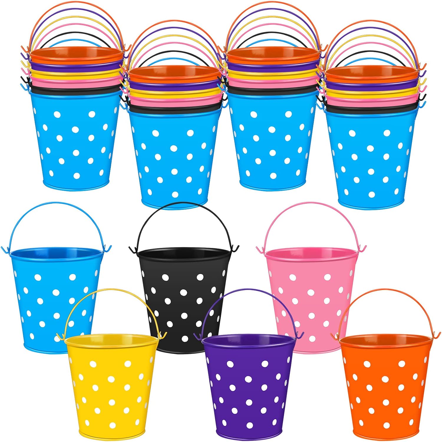 24 Pcs Small Metal Bucket with Handle Bulk for Classroom Multi Color Polka Dots Pencil Bucket Organization Metal Tin Bucket Pail Crayon Caddy for Teacher Kids Party Favors, Use for Home Storage