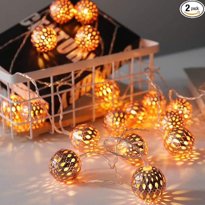 Vigdur 2 Pack Moroccan - 40 LEDs Globe String Lights,Decorative Diwali Lanterns Lights Battery Powered with Timer Ramadan Decoration for Indoor Bedroom Party Wedding Decor,Total 20FT