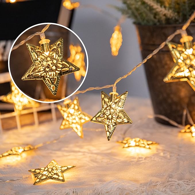 Vigdur 10Ft Star String Lights - 20 LEDs Star Fairy Lights Battery Operated with Timer Indoor Christmas Lights for Bedroom Party Holiday Eid Ramadan Decoration