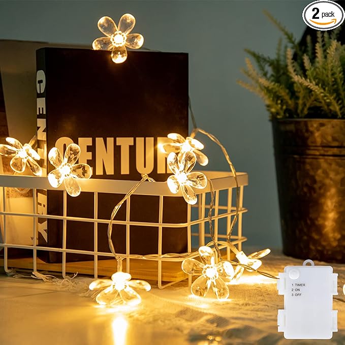 Vigdur 2 Packs Flower String Lights - 20 LEDs Flower Fairy Lights Battery Operated with Timer Indoor Outdoor Lights for Bedroom Party Garden Holiday