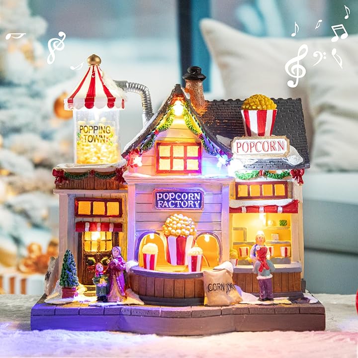 Christmas Village Houses, Popcorn Shop with LED Lighted and 8 Christmas Music, Christmas Animation Village Indoor Holiday Tabletop Decorations for...