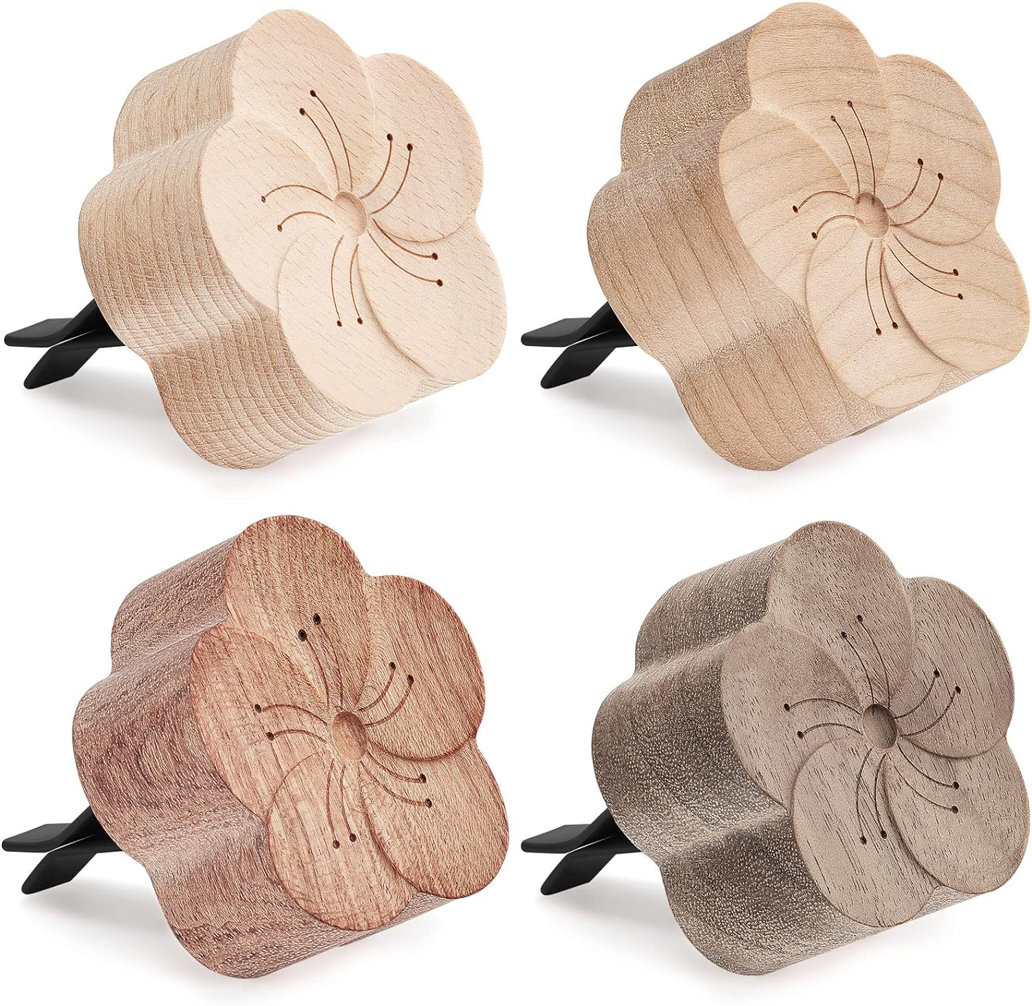 Aroma Wood Essential Oil Diffuser 4 Packs Minimalistic Decor Car Air Freshener Flower Diffuser Car Diffusers Wood Oil Wood Diffuser with Aromatherapy Car Diffuser Clip for Car Office Bedroom