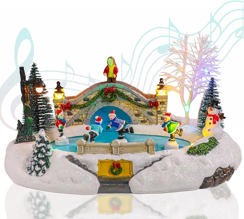 Vigdur Christmas Snow Village - Animated Christmas Village Skating Pond with Colorful Lights & 8 Xmas Music, Rotating Skier, USB&Battery Powered Christmas Collectible Buildings for Home