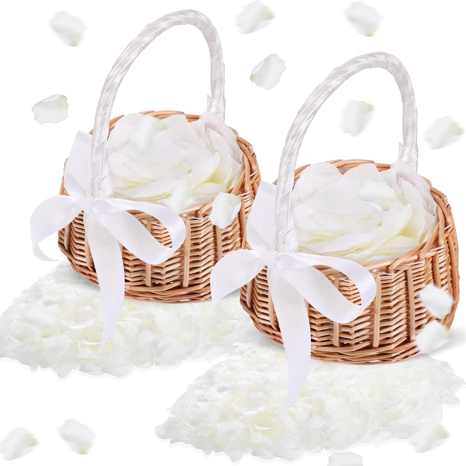 Zubebe 2 Pcs Wedding Flower Girl Basket with 2000 Pcs Artificial Silk Rose Petals Rustic Wicker Rattan Flower Basket with Handle and Flower Petals for Weddings Bridal Anniversary Party Decoration