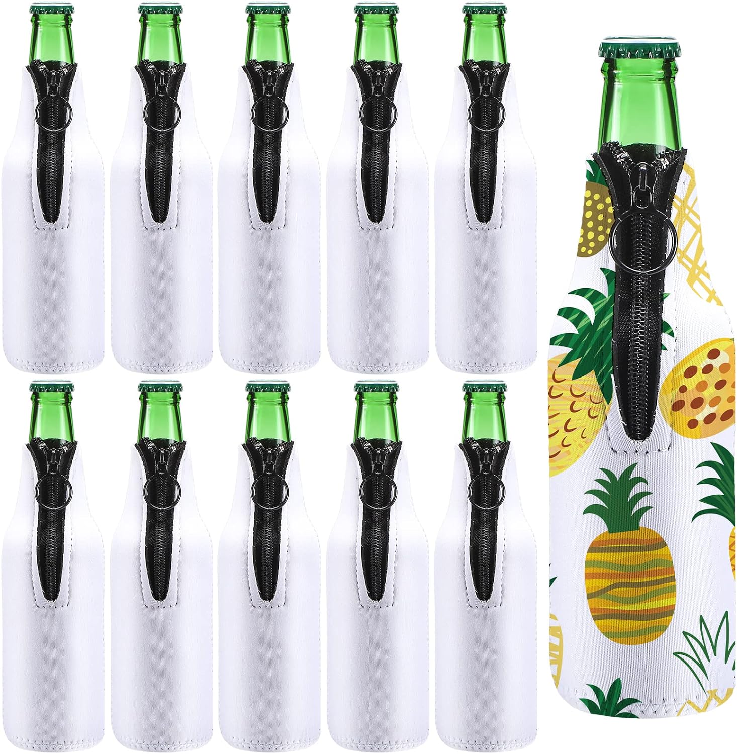 10 Pieces Sublimation Blanks Beer Bottle Cooler Sleeves White Neoprene Sleeve with Zipper Beer Sleeves for Bottles Can Cooler Insulator Glass Bottle Cover Sleeve Neck Beer Holder for 12 oz Bottle