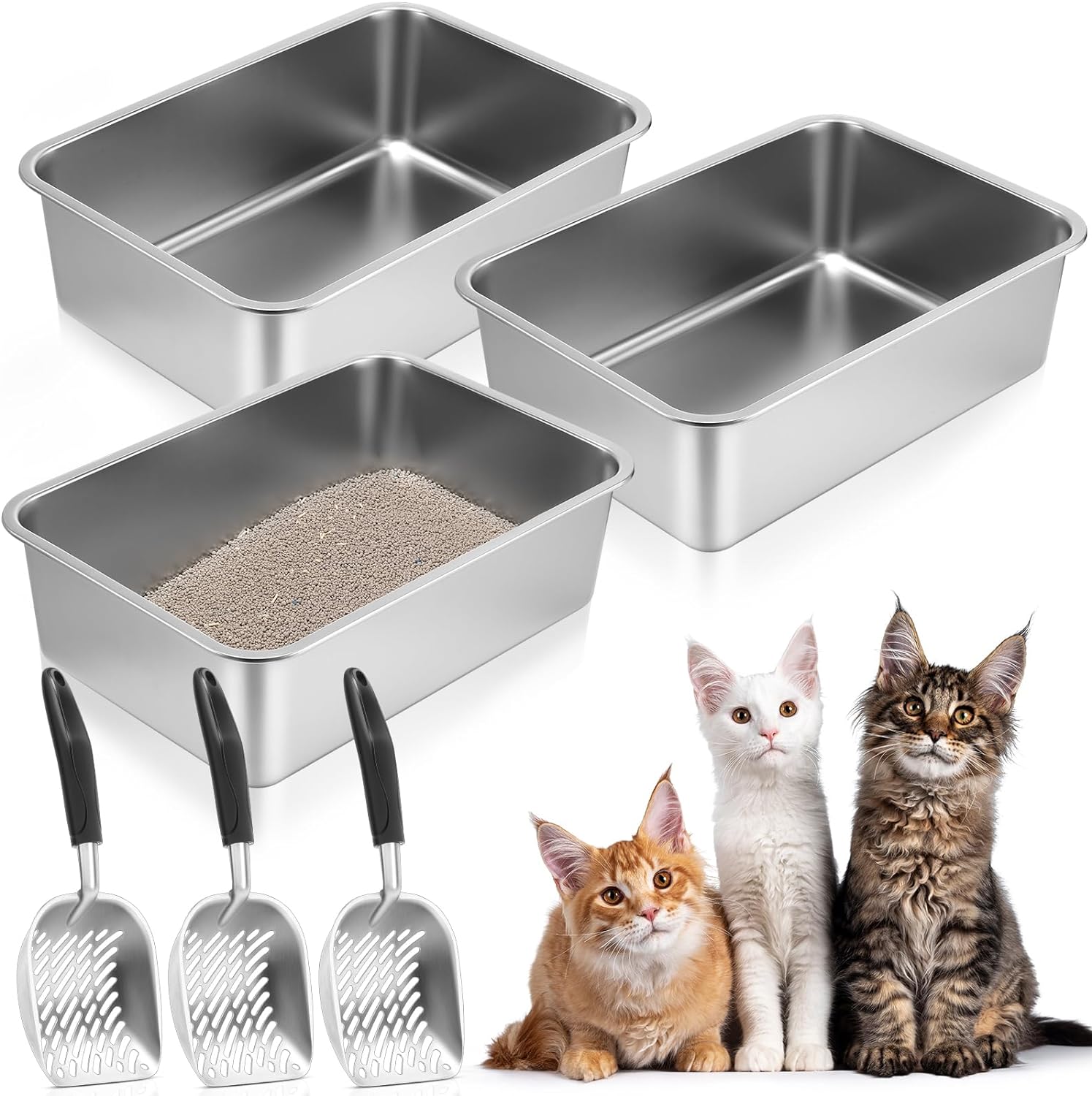 Zubebe 3 Pack Stainless Steel Cat Litter Box with 3 Pcs Cat Litter Scoop Cat Litter Box Metal Litter Scoops Never Absorbs Odor, Rustproof, Non Stick Smooth Surface