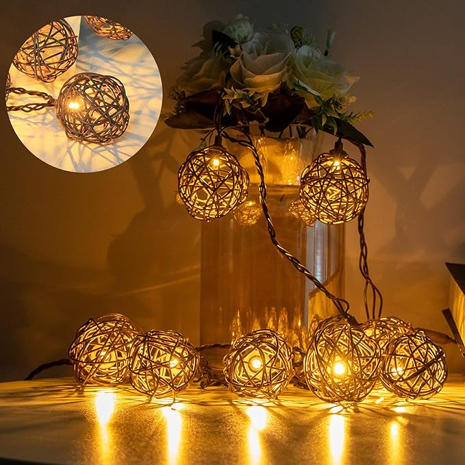 Vigdur Decorative - Rattan Ball String Lights with 10 Led Bulbs Connectable Indoor Outdoor Lantern Lights for Bedroom Wedding Garden Party Backyard Decor