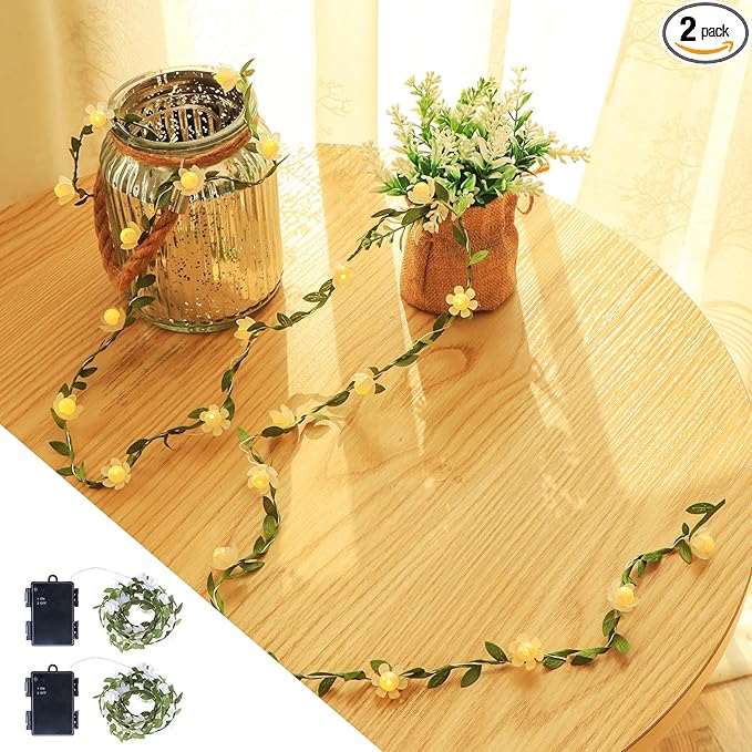 Vigdur 2PACK Vine - Fairy String Lights,Tiny Leaf-Garland with White Flower Battery Powered Light for Indoor Outdoor Christmas Party Wedding Garden Dcor,Total 15.2FT with 50LEDS