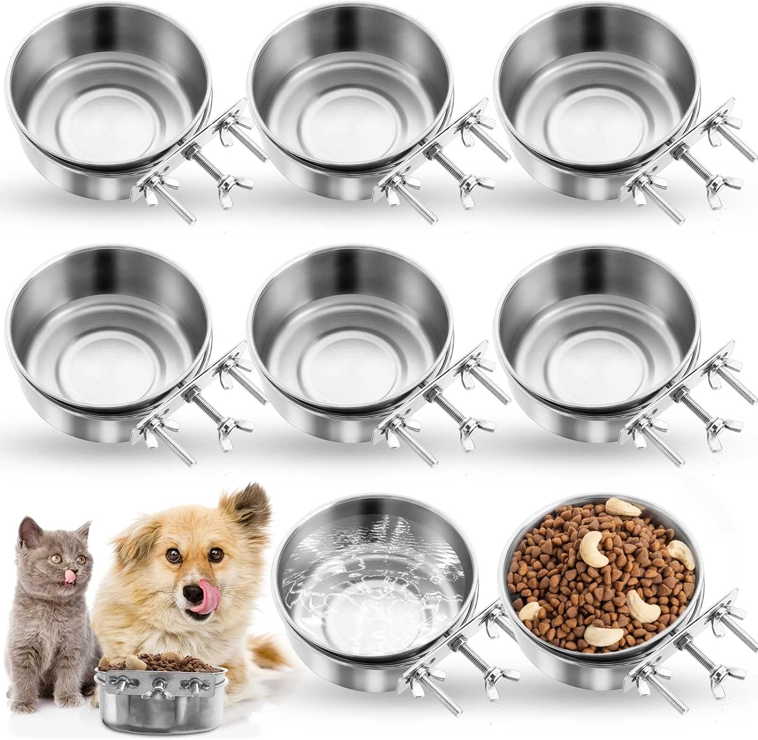 8 Pcs Dog Crate Water Bowl Stainless Steel Kennel Bowls Bulk Hanging Cage Dog Bowls with Clamp Holder Non Spill Pet Food Bowl Metal Feeder for Cat Dog Bird