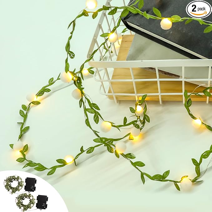 Vigdur 2Pack Ivy - Fairy String Lights with Green Leaf Garland with White Berry Battery Powered Light for Indoor Outdoor Christmas Party Wedding Holiday Dcor, Total 15.2FT with 50LEDS