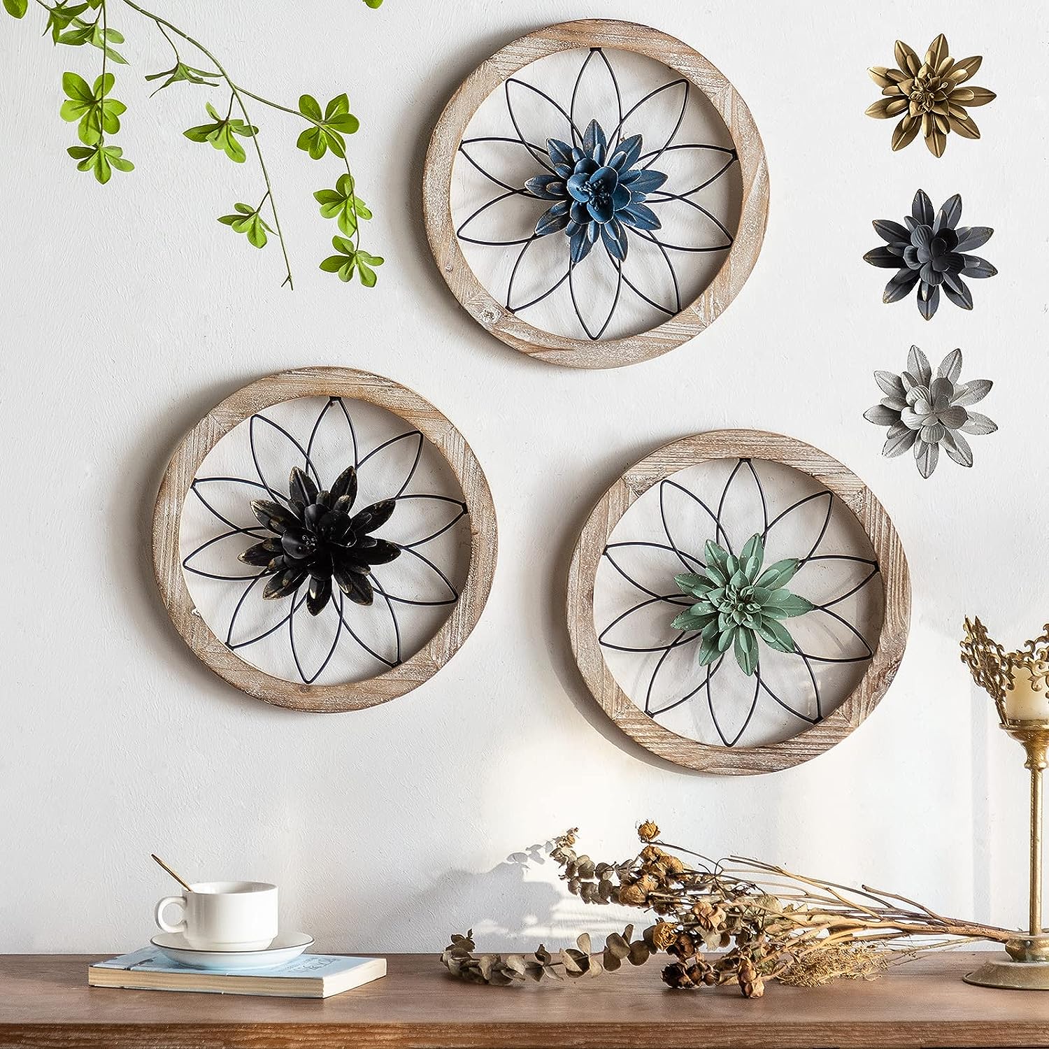 Paquesta 3 Piece Round Farmhouse Wall Decor with 6 Piece Interchangeable Flowers 12' Medallion Wood & Metal Spring Rustic Wall Art for Living Room Bedroom Kitchen Bathroom Dining Room Home Decorations