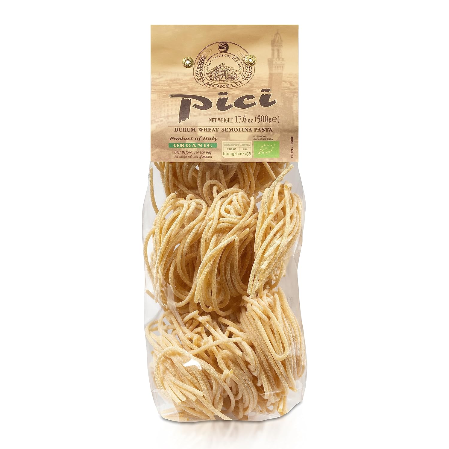 Morelli Pici Pasta di Toscana - Gourmet Italian Pasta - Organic Pici Noodles - Thick Organic Pasta Nests Made in Italy from Durum Wheat Semolina - 17.6oz (500g)