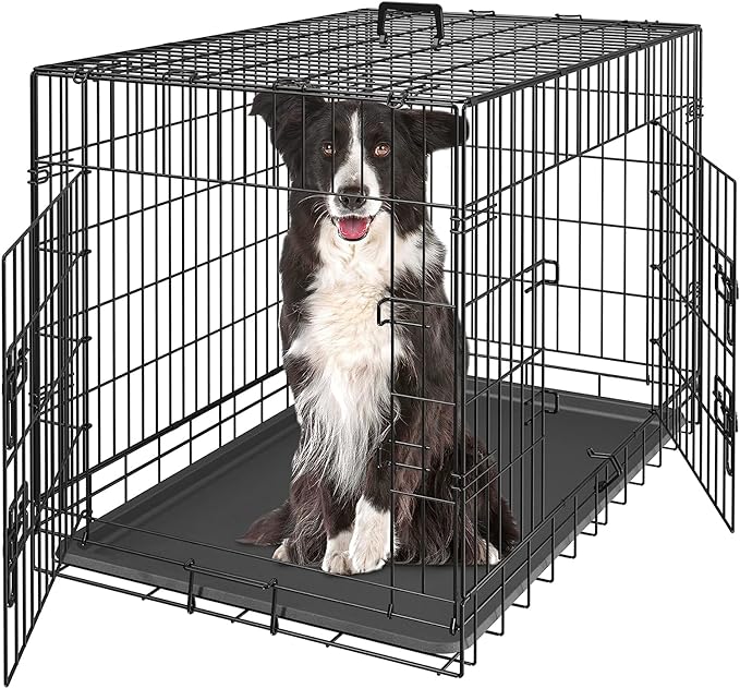 ZENY 30/36/42 Inch Dog Crate Double Door Folding Metal Dog or Pet Crate Kennel with Tray and Handle