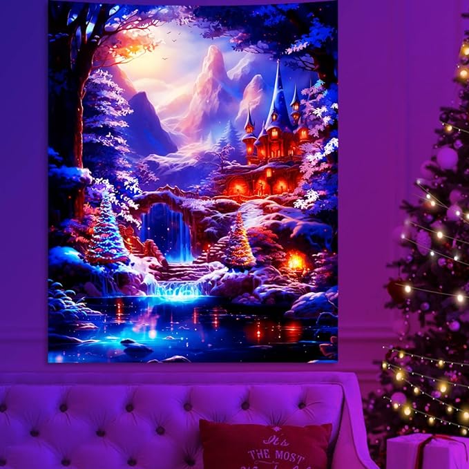 Apdidl Blacklight Christmas Wall Tapestry Decor for Bedroom Aesthetic, Nature Forest Tree and Mountain Winter Wall Hanging, Frozen Ice Snow Landscape Backdrop Poster for Living Room Dorm