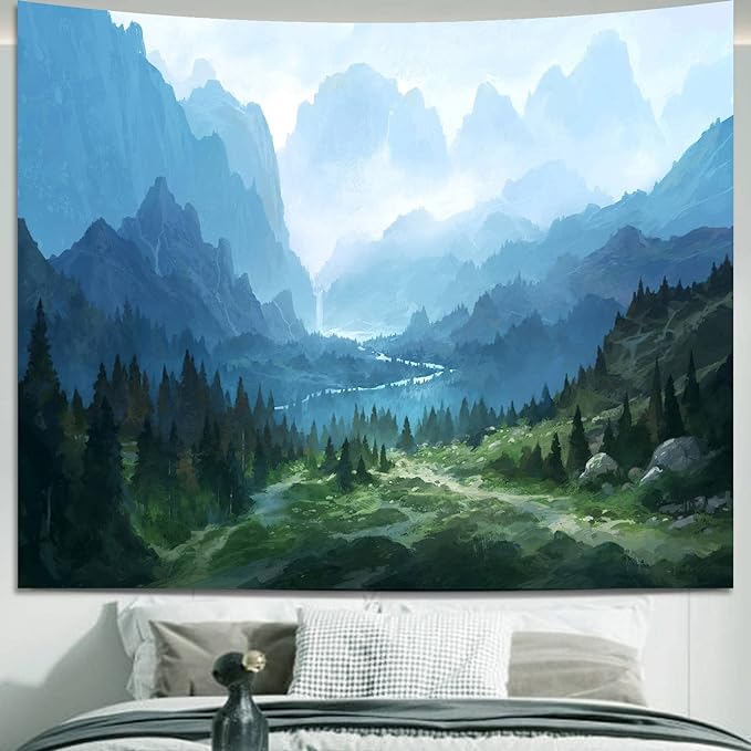 Apdidl Forest Tapestry for Bedroom Aesthetic Nature Foggy Mountain Tree Wall Tapestry Landscape Backdrop Green Woodland Scenery Wall Hanging for Living Room Ceiling Decor 