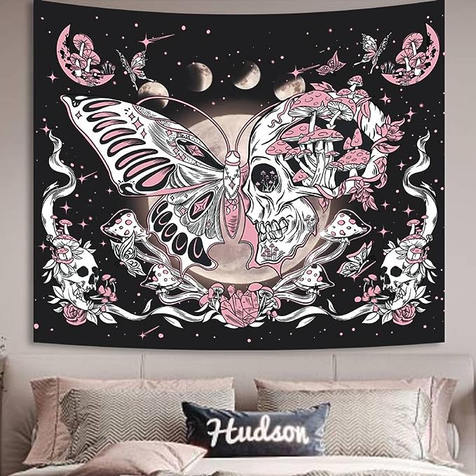 Butterfly Moon Tapestry for Bedroom Aesthetic, Skull Flower Mushroom Stars Dorm Wall Hanging, Black and Pink Cute Moth Plant Hippie Art Tapestries Decorations for Living Room Home 