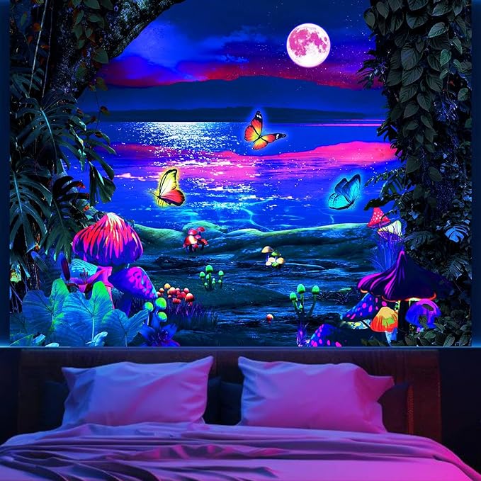 Blacklight Fantasy Forest Tapestry for Bedroom Aesthetic Moon Mushroom Butterfly Poster Wall Tapestry Nature Plants Glow in the Dark UV Reactive Poster Galaxy Space Tapestry Wall Hanging for Living