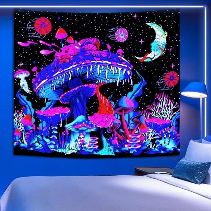 Apdidl Blacklight Mushroom Tapestry for Bedroom Aesthetic Nature Plant Forest Moon Stars Tapestry Galaxy Night Sky Wall Tapestry Glow in the Dark Wall Hanging for Living Room Decor 