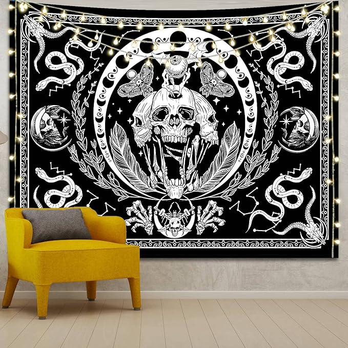 Apdidl Black and White Skull Tapestry for Bedroom Aesthetic Halloween Skeleton Goth Decor Tapestries Moth Snake Moon Stars Constellation Wall Hanging for Christmas Decor Living Room 