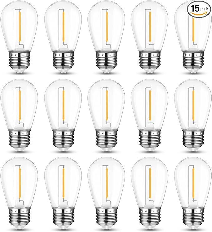 Mlambert LED String Light Bulbs, Shatterproof Outdoor String S14 Replacement Light Bulbs, Waterproof 1W LED Edison Bulbs Equal to 11W Incandescent, 2700K Warm White, E26 Bulb, 15 Pack, Not Solar Bulbs