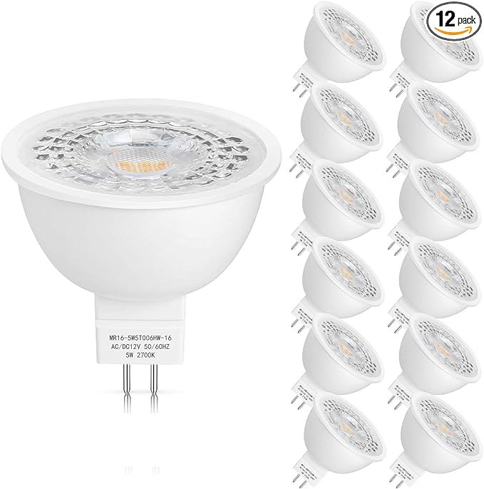 Mlambert 12 Pack MR16 LED Bulbs 50W Halogen Equivalent, 2700K Warm White, 5W GU5.3 MR16 12V Spotlight Bulb, Non-Dimmable,45 Degree Beam Angle for Landscape, Recessed, Track Lighting