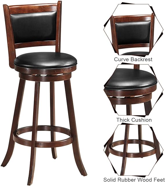 COSTWAY Bar Stools Set of 2, 360 Degree Swivel, Accent Wooden Swivel Seat Bar Height Stool, Leather Upholstered Design, PVC Cushioned Seat, Perfect for Dining and Living Room (Height 29")