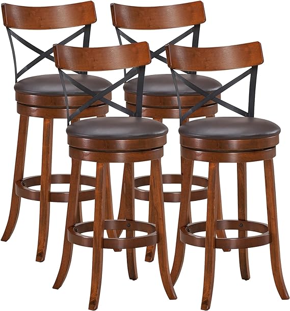 COSTWAY Bar Stool Set of 4, 360-Degree Swivel Solid Wood Stools with Soft Cushion & Backrest, 29.5 Height Kitchen Counter Bar Stools for Kitchen Island, Pub, and Restaurant (4, 29in)