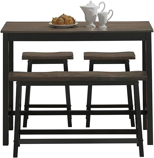 COSTWAY 4-Piece Solid Wood Dining Table Set, Counter Height Dining Furniture with One Bench and Two Saddle Stools, Industrial Style, Ideal for Home, Kitchen, Living Room (Gray & Brown)