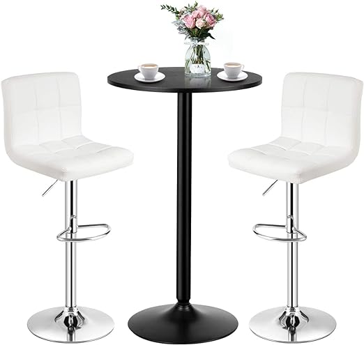 COSTWAY 3-Piece Bar Table Set, Round Cocktail Table and PU Leather Adjustable Swivel Chairs, Modern Counter Height Table Set with 2 Bar Stool for Kitchen, Office (White)