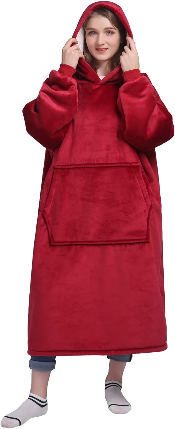Waitu Wearable Blanket Sweatshirt Gifts for Women and Men, Sherpa Wearable Blanket Adult, Oversized Blanket Hoodie Long, Thick Sherpa Blanket with Sleeves, Warm Body Blanket Robe - Red