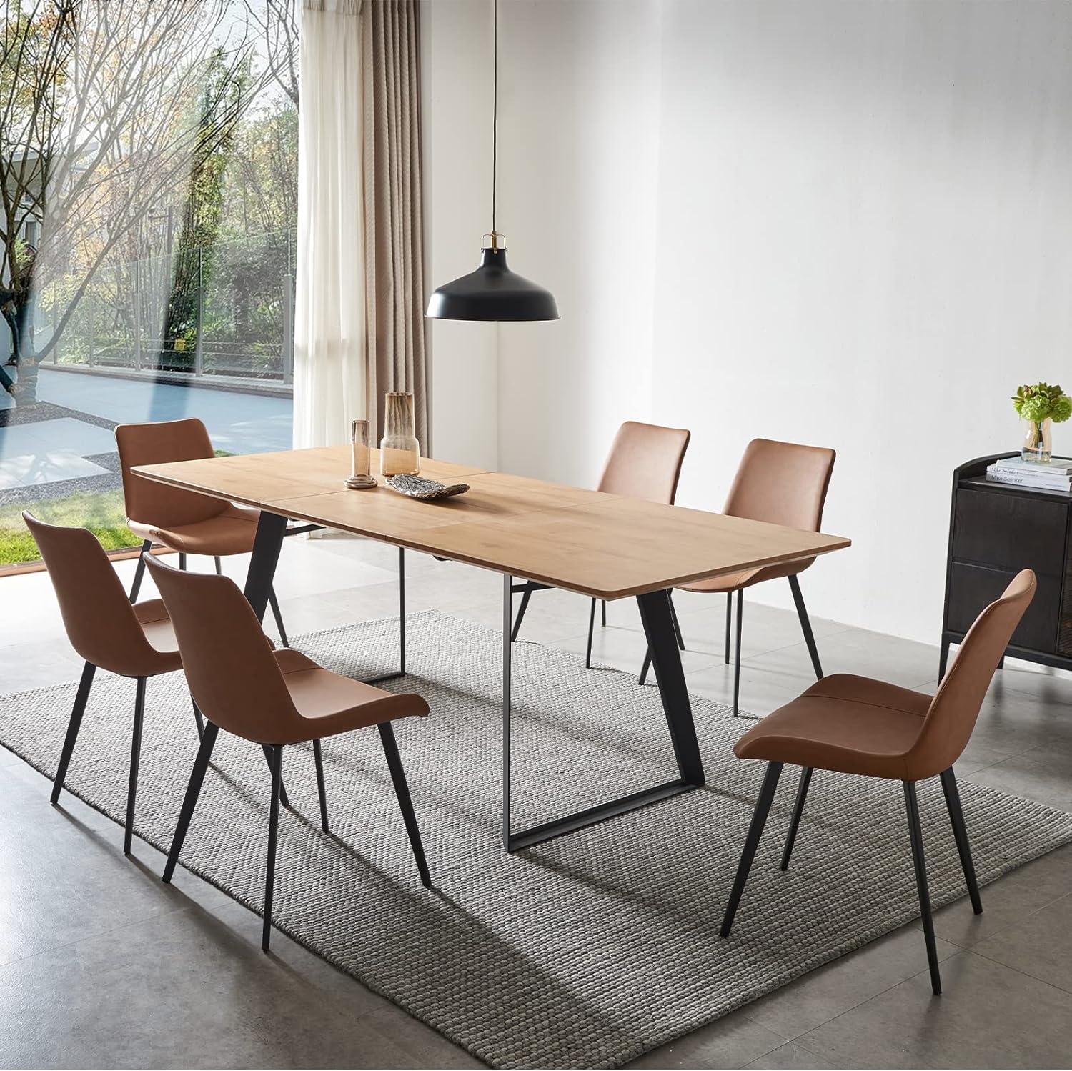 ZckyCine Modern mid-Century Dining Table Dining Table and Chairs for 6 Rectangular Wooden Dining Table Expandable Dining Table Space-Saving Multifunctional Dining Table (Table 6 Brown Chairs)