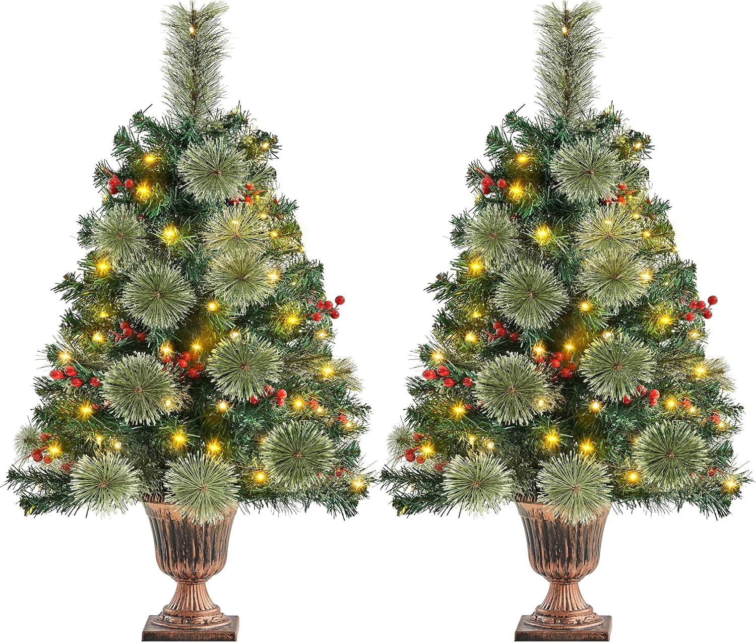 Yaheetech 3ft Pre-lit Tabletop Christmas Tree,2 Pack Little Xmas Tree w/ 50 Warm White LED Lights & Stable Golden Urn Base & 96 PVC Tips & 65 Red Berries for Home Office Festive Decoration