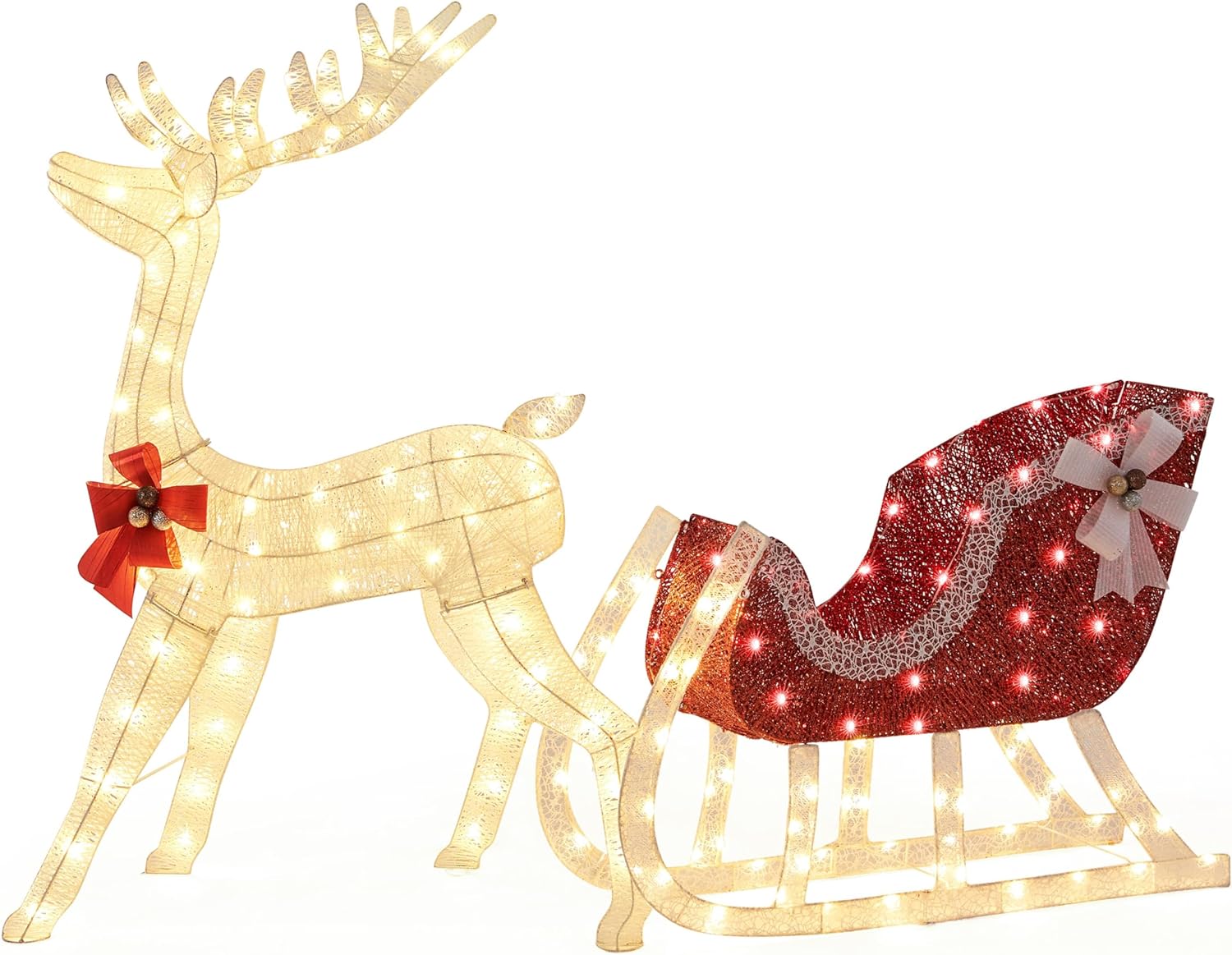 Yaheetech Pre-lit Reindeer & Sleigh Set, 4ft Light-up Christmas Decorations Set w/ 360 LED Lights/Stakes/ZipTies for Outdoor/Indoor