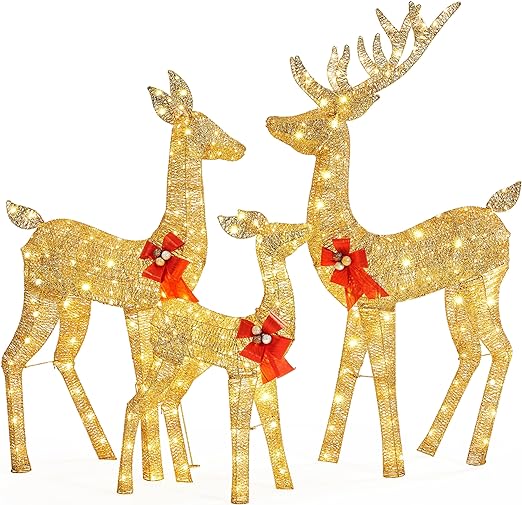 Yaheetech 3-Piece Lighted Christmas Reindeer Family, Pre-Lit Outdoor Christmas Deer Set Decoration w/ 360 Warm White LED Lights/Stakes/Zip Ties for Holiday Front Yard/Porch/Indoor Decor- Gold