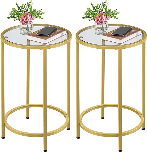 Yaheetech Glass End Table Set of 2, Round Side Tables, Small Accent Table Nightstand Set w/Glass Top & Metal Frame & Easy Assembly for Living Room, Balcony, Bedroom, Porch, Small Space, Gold